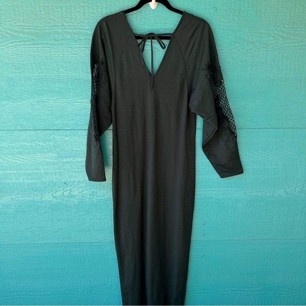 ZARA OPEN CROCHET LACE LONG SLEEVE VAMP MAXI DRESS FOREST GREEN MEDIUM NWT - Picture 11 of 16